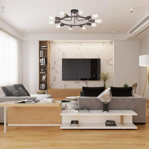 Modern Sputnik Chandelier In Oil Rubbed Bronze 10 Light Mid Century Semi Flush Mount Ceiling Light Fixture in living room