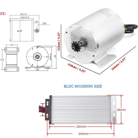 Dimensions and design of High Speed 2500W 60V Brushless DC Scooter Motor Kit No Load 4400RPM for Go Kart and Electric Scooter DIY Mid Drive.