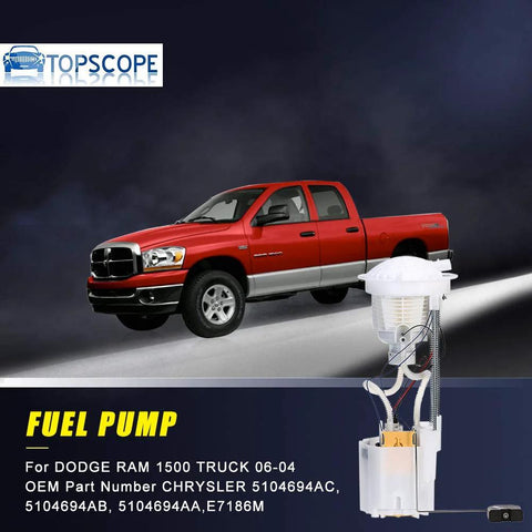 Image of Dodge Ram 1500 Fuel Pump Assembly E7186M Replacement For 2004 2005 2006 3.7L 4.7L 5.7L Short Bed 26 Gallon Tank OE Style Upgrade with a red Dodge Ram truck in the background. Fuel pump shown with components visible.