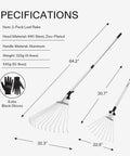 Two Piece Adjustable Leaf Rake Set With Telescoping Handles And Collapsing Tines, showing measurements and materials