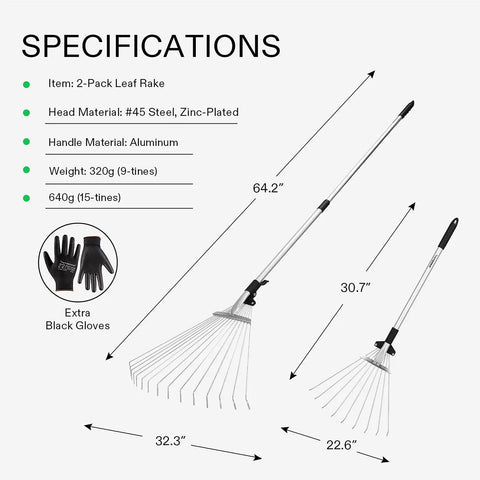 Two Piece Adjustable Leaf Rake Set With Telescoping Handles And Collapsing Tines, showing measurements and materials