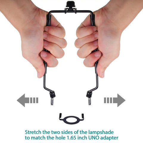 Hands adjusting Go To Adjustable Lamp Shade Harp Holder Kit for 7 to 10 inch lampshades with UNO fitter adapter
