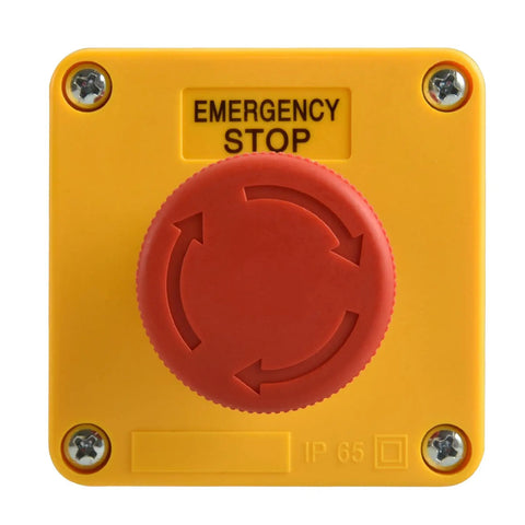 Front view of Industrial Red Mushroom Emergency Stop Switch Station 1NO 1NC DPST Push Button Switch Latch Action 660V 10A Waterproof Box