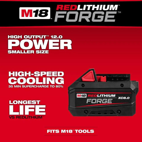 M18 Redlithium Forge 8.0 Ah Rechargeable Battery Pack featuring cool cycle active cooling and high output 12.0 for reliable power.
