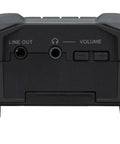 Back view of professional field recorder with line out, volume control, and headphone jack for filmmakers and musicians.