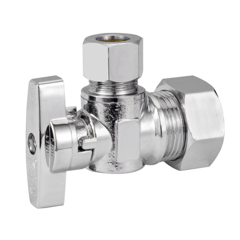 Breezliy heavy-duty angle stop valve, chrome-plated brass with compression fittings, 1/2 in nominal (5/8 in OD) x 3/8 in OD, 1/4-turn.