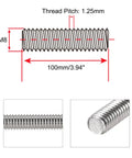 M8 X 100mm Fully Threaded Rods 1.25mm Pitch, 4 Pack, 304 Stainless Steel Right Hand Threaded Rods, detailed dimensions image