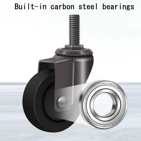 Top Tier Heavy Duty Stem Casters With Smooth Rolling 360 Swivel TPR Wheels And Snug Locking M6 M8 M10 Threads showing carbon steel bearings.