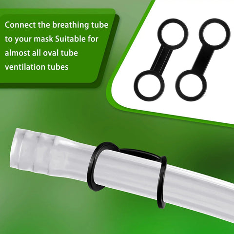 8 Piece Silicone Snorkel Clip Kit For Scuba Gear, showing tube holders on a breathing tube next to text description