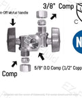 EZ-Fluid brass angle stop valve with dual outlet 3/8 in compression fittings and 1/4-turn metal handles