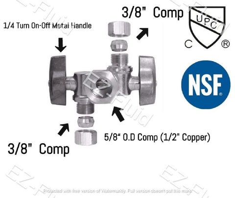 EZ-Fluid brass angle stop valve with dual outlet 3/8 in compression fittings and 1/4-turn metal handles