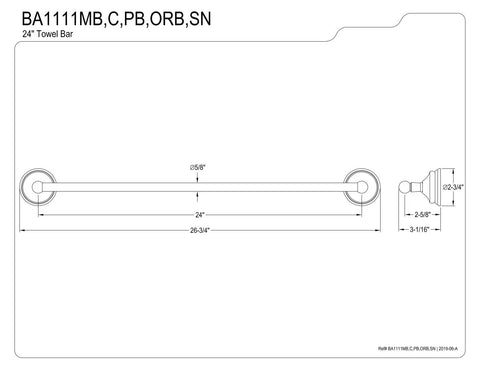 Diagram of 24-inch Victorian towel bar from Victorian 3 Piece Towel Bar Towel Ring And Toilet Paper Holder Bathroom Hardware Set In Brushed Nickel