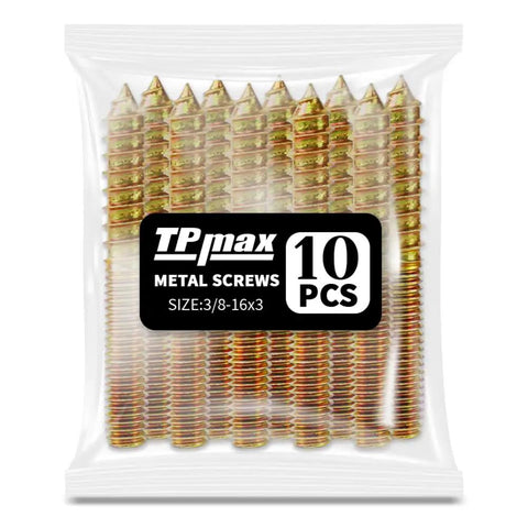 Badass Zinc Plated Hanger Bolts 10 Pack Double Ended Furniture Screws with 3/8-16 thread pitch, heavy duty carbon steel in a plastic bag.
