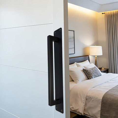 Heavy Duty 10 Inch Sliding Door Handle In Matte Black Stainless Steel Surface Mount For Gate Patio Barn Door attached to a white door.