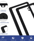 Set Of Two Matte Black Aluminum License Plate Frames For Front And Rear With Narrow Bezel And Rounded Corners Corrosion Resistant Finish Includes Screws Caps And Washers A Slick Durable Upgrade For Your Ride showing frame details and material highlights.