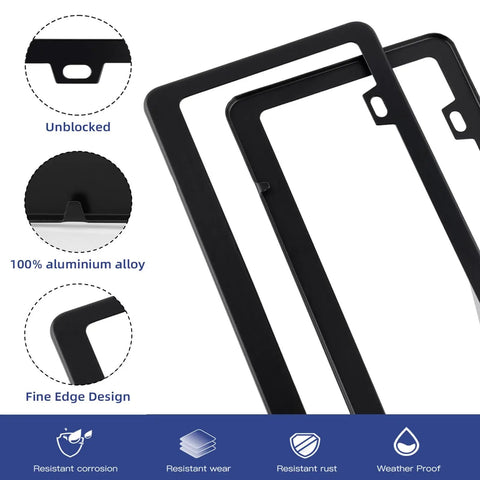 Set Of Two Matte Black Aluminum License Plate Frames For Front And Rear With Narrow Bezel And Rounded Corners Corrosion Resistant Finish Includes Screws Caps And Washers A Slick Durable Upgrade For Your Ride showing frame details and material highlights.