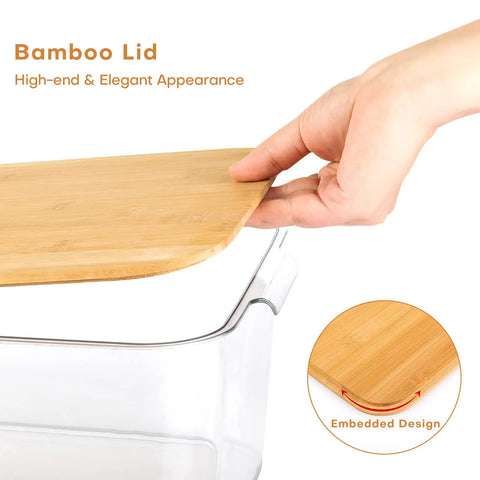 Hand placing bamboo lid on Clear PET Plastic Storage Bins With Removable Bamboo Lids And Grab Handles, Stackable Lidded Kitchen And Laundry Boxes, Set Of 3 For Closet Cabinet Shelf Organization, Durable Bins For Home Decor And Everyday Use, 1 Large 2 Small