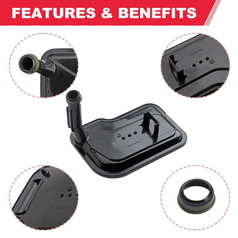 Beefed-Up 6L80E 6L90E Automatic Transmission Filter Kit with detailed close-ups of filter and gasket components