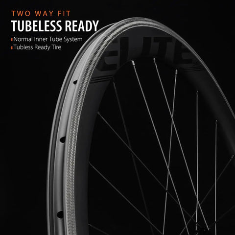 Close-up of Beefy 60mm Deep Carbon Wheelset For 700c Road Bikes Tubular Clincher Tubeless Ready High TG Brake Surface