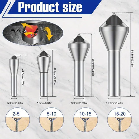 4 Piece Deburring Drill Bit Set Knocks Out Burrs Smooth With These Hella Precise 90 Degree Countersink Bits For Metal Wood Plastic Projects, showing size measurements.
