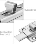 Close-up of rugged handle and solid stainless latch from Stainless Steel Sliding Door Bolt Lock 2 Pack Surface Mounted Latch 3 Inch Door Bolts For Internal Doors Built To Last Tough As Nails Rustproof Security For Home And Office.