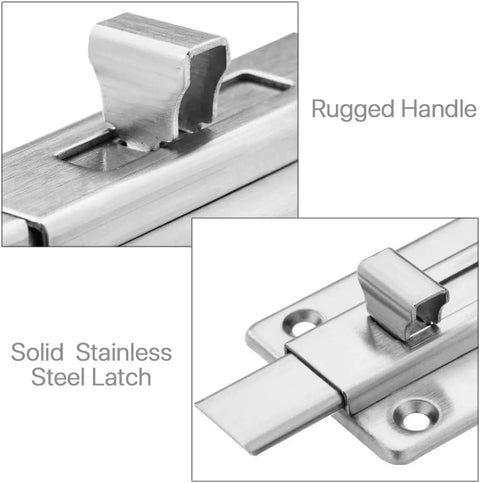 Close-up of rugged handle and solid stainless latch from Stainless Steel Sliding Door Bolt Lock 2 Pack Surface Mounted Latch 3 Inch Door Bolts For Internal Doors Built To Last Tough As Nails Rustproof Security For Home And Office.