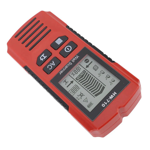 7 in 1 Wall Scanner Stud Finder, Metal Wood AC Wire Detector with LCD display, red handheld tool for locating studs and wires.