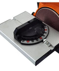 Mini Pneumatic Belt Sander With Variable Speed Control features adjustable angle dial on bench grinder disk machine.