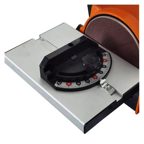 Mini Pneumatic Belt Sander With Variable Speed Control features adjustable angle dial on bench grinder disk machine.