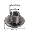Close-up of a single M10 carbon steel tee nut with flange for wood furniture, showing dimensions and threads.