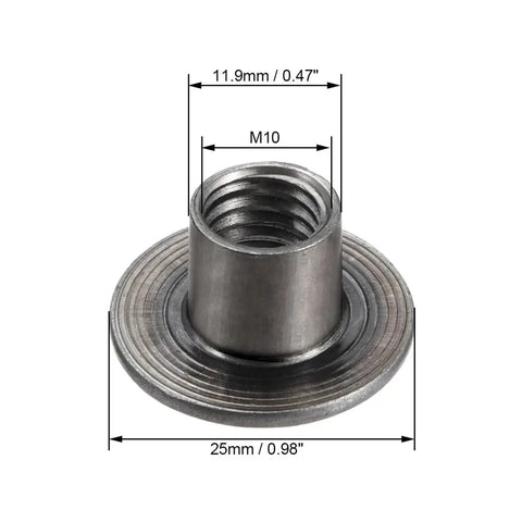 Close-up of a single M10 carbon steel tee nut with flange for wood furniture, showing dimensions and threads.