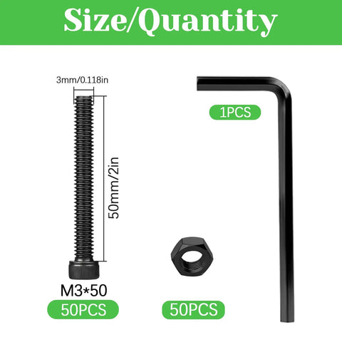 100 Count M3 X 50mm Hex Socket Head Cap Screws Made From Hella Durable Carbon Steel With Premium Black Oxide Finish And Includes An Allen Wrench For Total Beast Performance On Your Next Project, showing screws and wrench.