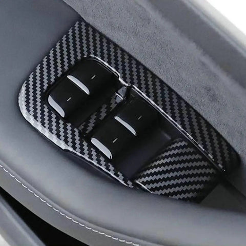 Close-up of Clean 11 Piece Interior Window Switch Covers And Door Control Button Trim Kit For Tesla Model 3 and Model Y 2017 to 2023.