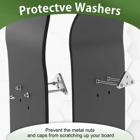 Close-up of Sick Six Pack Aluminum Skateboard Wall Mount Hangers with protective washers, highlights mount details and features.