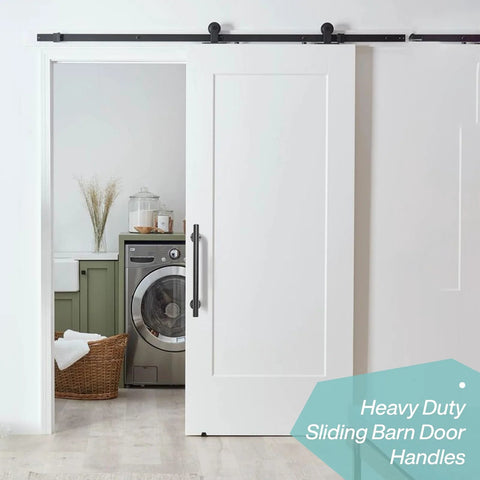 16 Inch Black Metal Door Pull Handles Set of 2 installed on white sliding barn door ideal for sheds garages gates fences and furniture