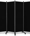 Front view of 6-Foot Folding Privacy Screen With Lockable Wheels Freestanding 6-Panel Room Divider For Home Dorm Studio Or Office 132 Inch Wide Black Fabric Wall Partition With Smooth Glide Mobility.