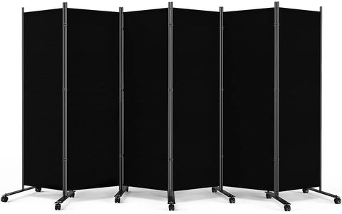 Front view of 6-Foot Folding Privacy Screen With Lockable Wheels Freestanding 6-Panel Room Divider For Home Dorm Studio Or Office 132 Inch Wide Black Fabric Wall Partition With Smooth Glide Mobility.