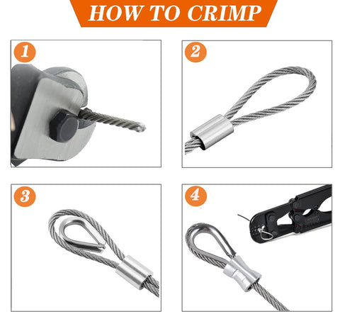 Step-by-step crimping guide for 1/8 Inch Stainless Steel Wire Rope Cable Kit 100 Ft Long 7x7 Strands With Sleeves