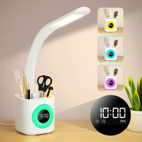 LED Desk Lamp With Clamp And Flexible Gooseneck, Tall Task Light For Home Office, Touch Control, Eye Care Glow with clock display, white.