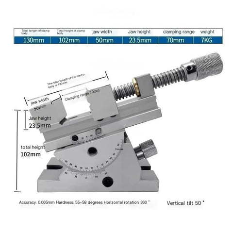 Diagram of Tiltable Stainless Steel Angle Vise For Woodworking And Metalworking Rock Solid Sine Clamp With 2 Inch Jaw and measurements