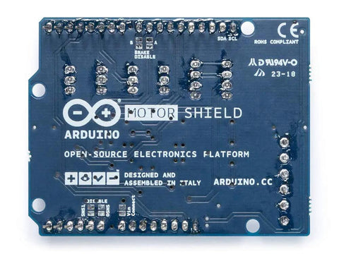 Back view of Dual H-Bridge Motor Shield Rev 3 for four DC motors or two stepper motors, showing electronic components and markings.