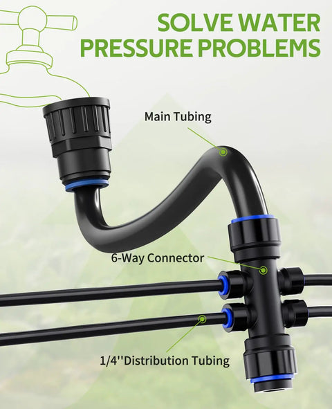 Close-up of 6-way connector and tubing in 50Ft Drip Irrigation Kit For Plants With Quick Connectors, Water Saving System