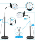 Diagram showing Lighted Floor Magnifier With Stand Featuring 10X And 20X Lenses, 52-inch height and 4.7-inch lens size.