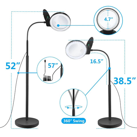 Diagram showing Lighted Floor Magnifier With Stand Featuring 10X And 20X Lenses, 52-inch height and 4.7-inch lens size.
