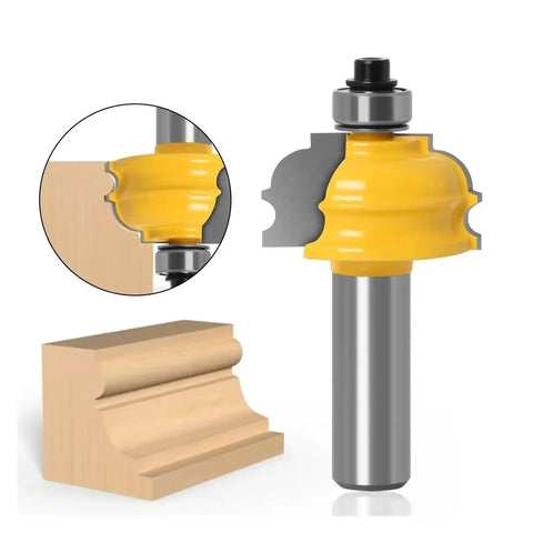 12mm Or 1/2in Shank Architectural Molding Router Bit For Pro Woodworking Carving Decorative Trims And Complex Profile Shaping Your Home Projects, showing profile cutter and wood piece.