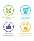 Icons depicting plant-based, grease-cutting, surface-safe, cruelty-free features of Pink Grapefruit All Purpose Cleaning Wipes For Every Surface.