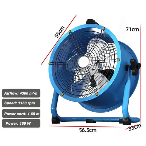 Workhorse Grade 220V Industrial Floor Fan Three Speed Settings 130 Degree Oscillating Design Heavy Duty Steel Mesh Guard Includes 110V Converter For Workshop Cooling, blue with metal blades