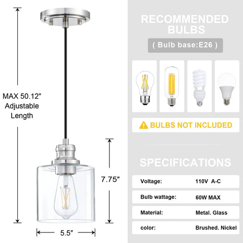 Three Pack Vintage Hanging Pendant Lights With Brushed Nickel Finish Handblown Clear Glass Classic Farmhouse Style specifications