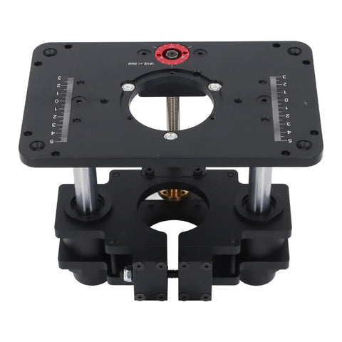 Built Tough Router Lift Table featuring stainless steel clamps, for woodworking, adjusts height for 25 to 50mm surfaces.