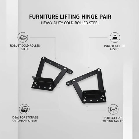 Heavy Duty Lifting Hinge Pair for DIY Furniture Projects, cold-rolled steel, black finish, for storage ottomans and beds.